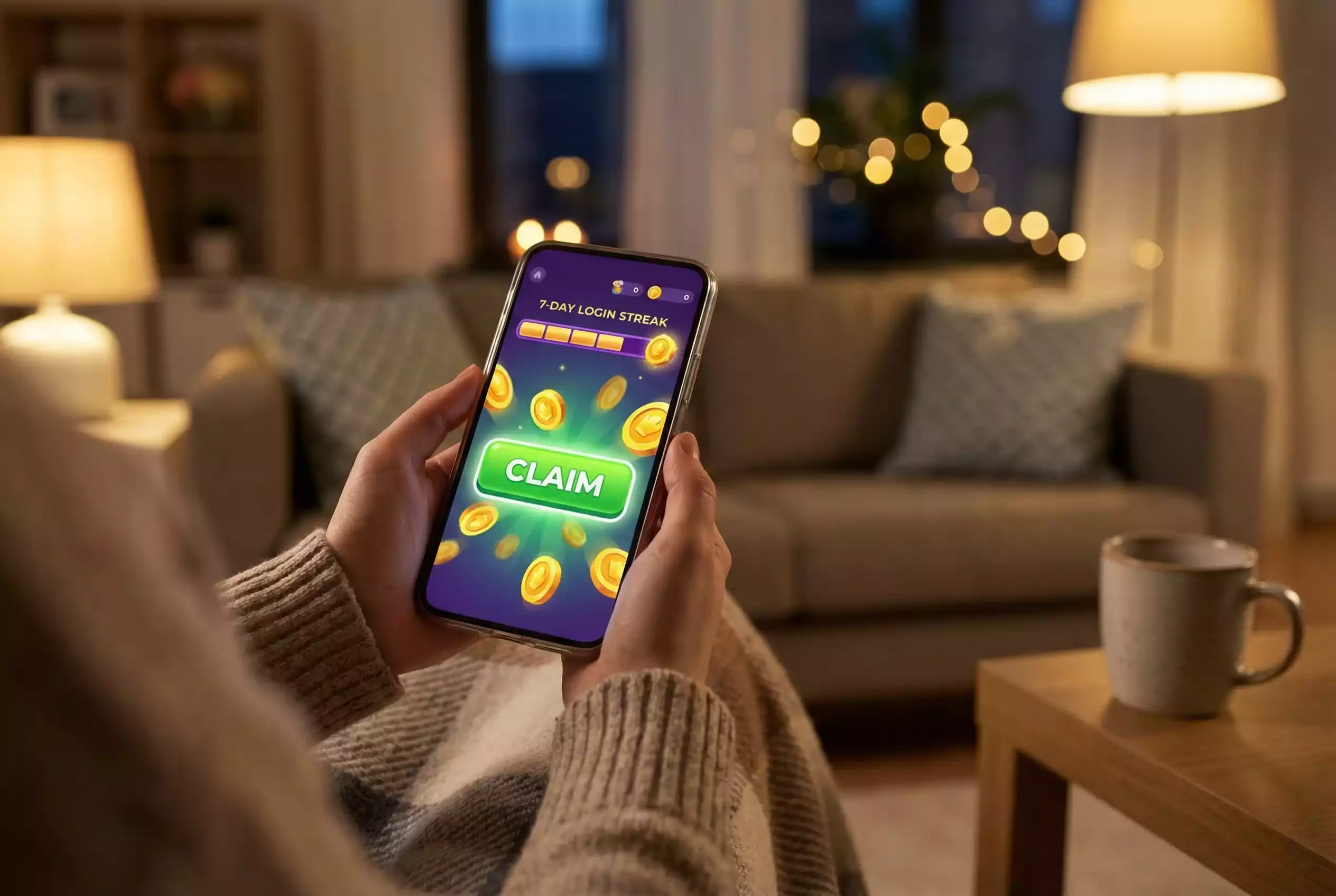 Player claiming daily login rewards with free Sweeps Coins bonus on mobile sweepstakes casino app