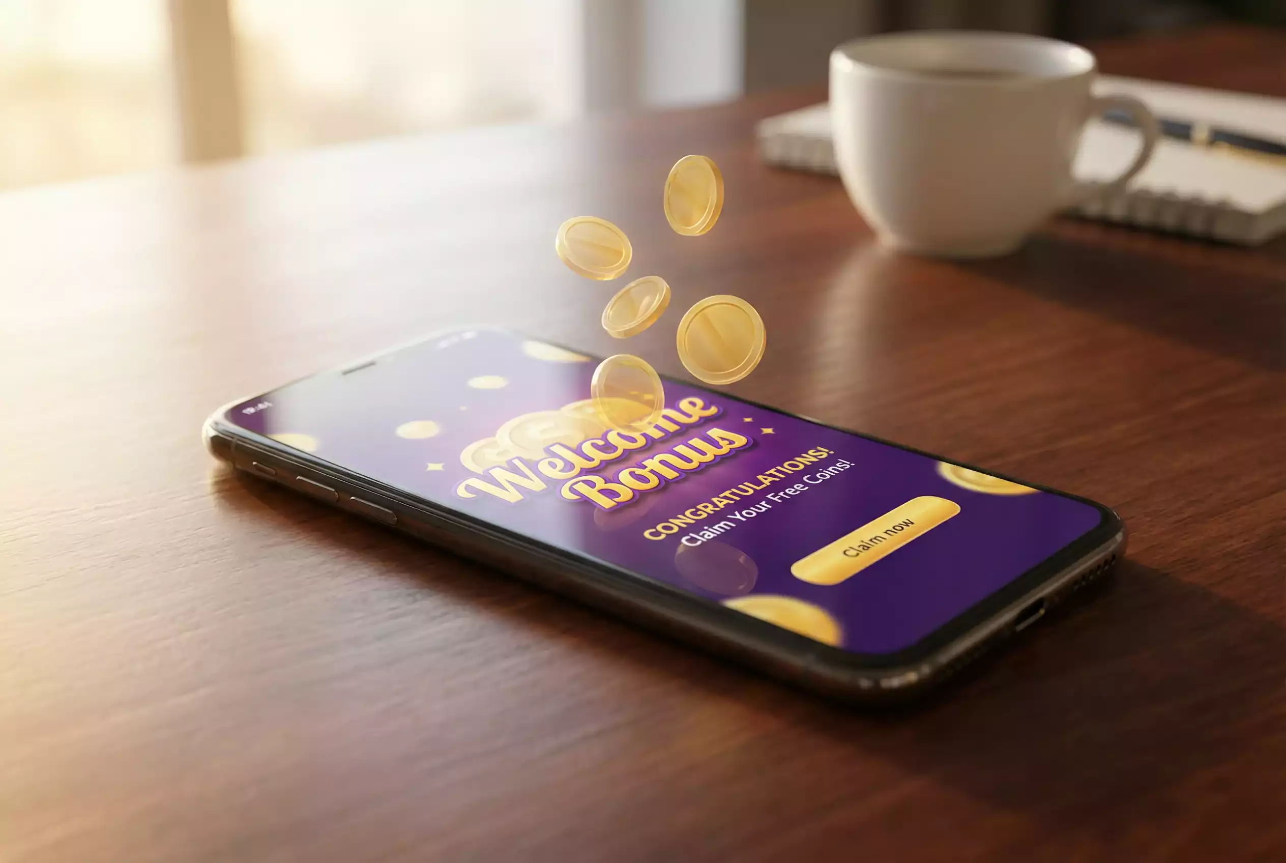 Free Sweeps Coins welcome bonus displayed on sweepstakes casino platform with golden coins animation